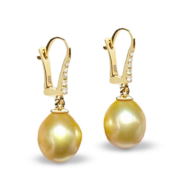 Boucles d'Oreilles Or 18k Diamants Perles des Philippines Dorées Gouttes AAA