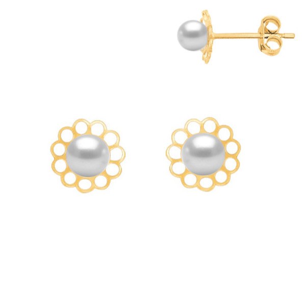 Paire de petites Boucles d'Oreilles de perles d'Eau Douce blanches 3,5 mm AAA, Or 18k