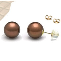 Boucles d'Oreilles Or 18k silicone Perles Chocolat Eau Douce AAA