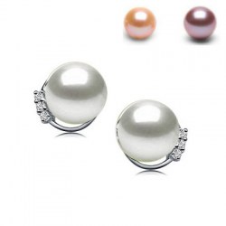 Boucles d'Oreilles Or 18k Perles d'Eau Douce 7-8 mm DOUCEHADAMA et diamants