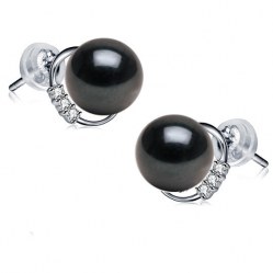 Boucles d'Oreilles Or 18k Perles d'Eau Douce Noires 7-8 mm AAA et diamants