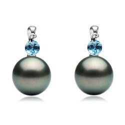 Boucles d'Oreilles Or Gris 18k Crystal bleu et Perles de Tahiti AAA