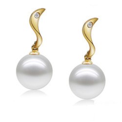 Boucles d'Oreilles Or 18k diamants Perles d'Australie Blanches 9-10 mm AAA