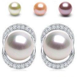 Boucles d'Oreilles Or 18k diamants perles Doucehadama 8-9 mm