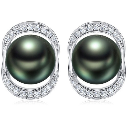 Boucles d'Oreilles Argent 925 Zirconiums perles de Tahiti 8-9 mm