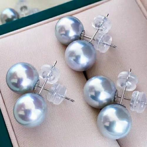 Boucles d'Oreilles Or Gris 18k silicone Perles d'Akoya bleues 7,9 mm qualité AAA