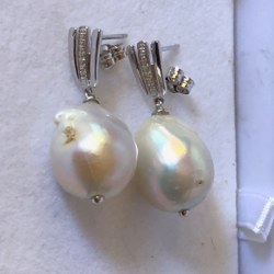 Boucles d'Oreilles Argent 925, Zirconiums et Perles d'Eau Douce Soufflées