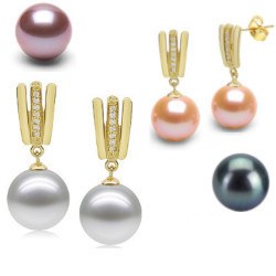 Boucles d'Oreilles Or 9k, diamants et Perles d'Eau Douce AAA