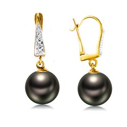 Boucles d'Oreilles Or Jaune 18k Diamants Perles de Tahiti 8,9 mm AAA