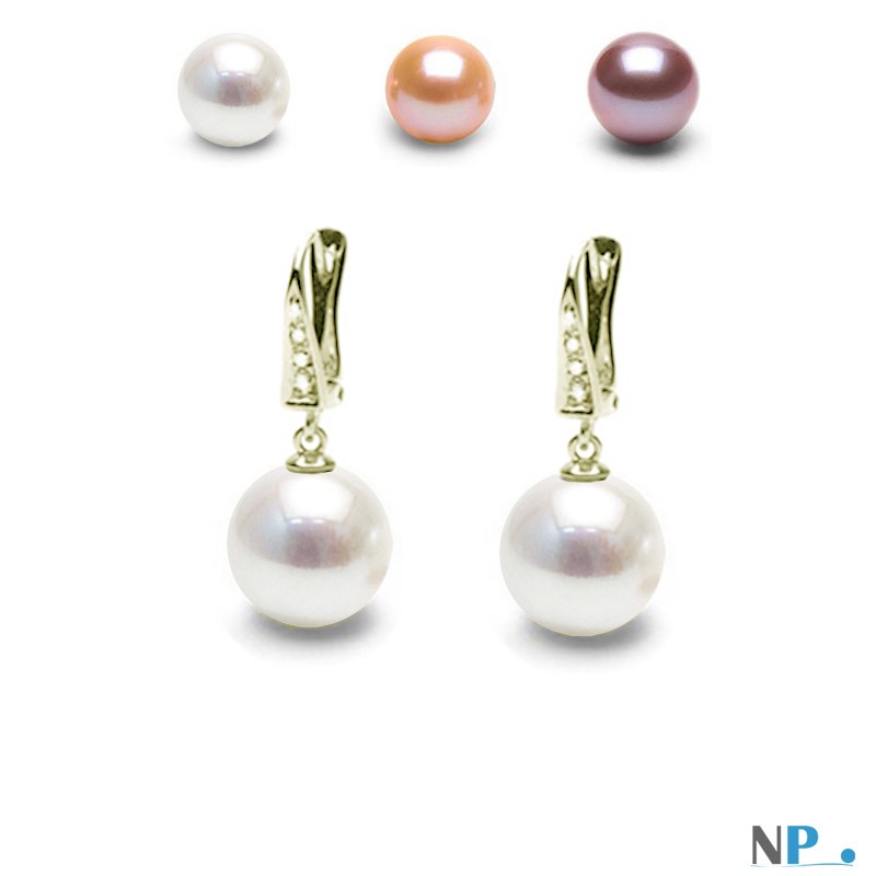 Boucles d'oreilles Dormeuses Or 18k avec diamants, perles d'eau douce DOUCEHADAMA