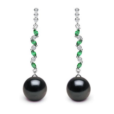 Boucles d'Oreilles Argent 925 Zirconiums Tourmalines vertes Perles d'Eau Douce Noires AAA