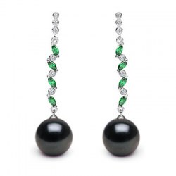 Boucles d'Oreilles Argent 925 Zirconiums Tourmalines vertes Perles d'Eau Douce Noires AAA