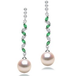 Boucles d'Oreilles Argent 925 zirconiums tourmalines vertes Perles d'Akoya AAA