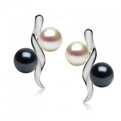Boucles d'Oreilles Argent 925 avec 4 perles d'Akoya 6 à 6,5 mm blanches et noires