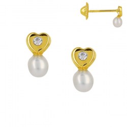 Paire Boucles d'Oreilles Coeurs en or 18k avec zirconiums et perles d'Eau Douce blanches 5 mm baroques