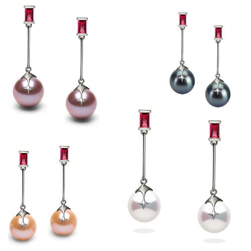 Boucles d'Oreilles Argent 925, Rubis et Perles d'Eau Douce 9-10 mm AAA