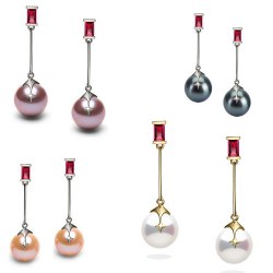 Boucles d'Oreilles Or 9k Rubis et Perles d'Eau Douce 9-10 mm AAA