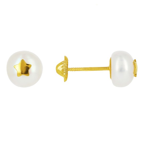Une seule Boucle d'Oreille avec une perle d'Eau Douce blanche 6-7 mm AA+ forme bouton, Or 18k