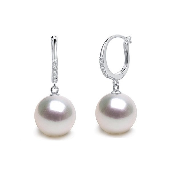 Boucles d'Oreilles Or 9k diamants et perles blanches d'Australie AAA