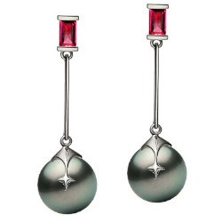 Boucles d'Oreilles Argent 925 Perles de Tahiti 9-10 mm et rubis