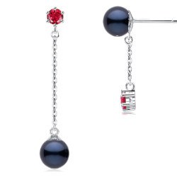 Boucles d'Oreilles Or 9k Tourmalines rouges Perles d'Akoya Noires AAA