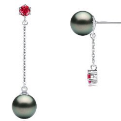 Boucles d'Oreilles Or 9k Tourmalines rouges Perles de Tahiti