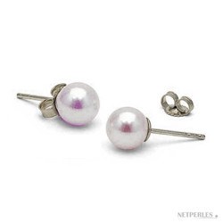 Boucles d'Oreilles Or Gris 18k perles d'Akoya blanches orient rose 6 à 6,5 mm AAA