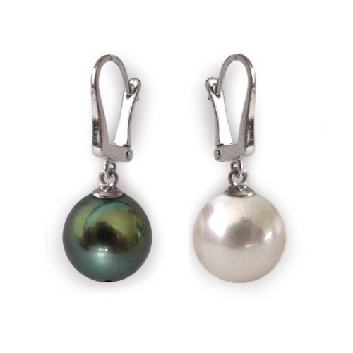 Originale paire de boucles d'Oreilles Dormeuses Or 14k perles 10-11 mm blanche et noire