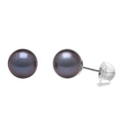 Paire de boucles d'Oreilles Or Gris 18k silicone perles d'Eau Douce Noires 8 à 9 mm AAA