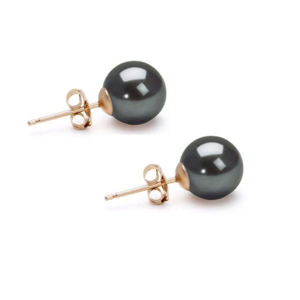 Boucles d'Oreilles de perles d'eau douce noires reflets vert foncé 7 à 8 mm AAA (rondes) or 14k