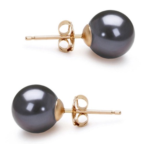 Paire de boucles d'Oreilles Or 14k perles d'eau douce noires 9 à 10 mm AAA