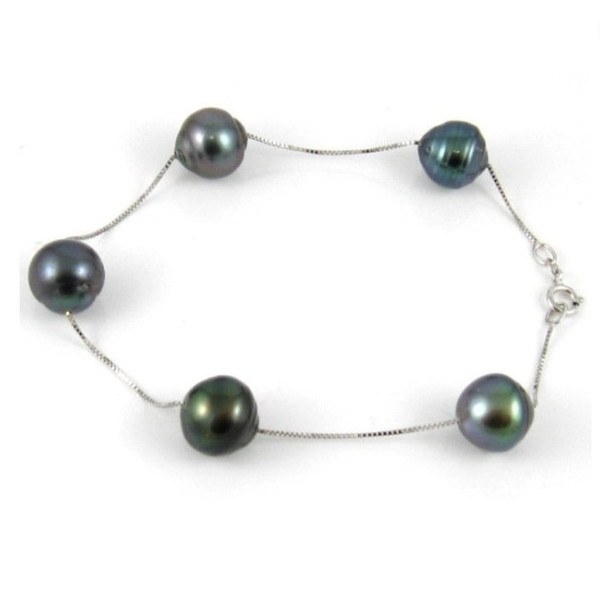 Bracelet 5 perles baroques de Tahiti 8-9 mm sur chaine corde Or gris 14 carats