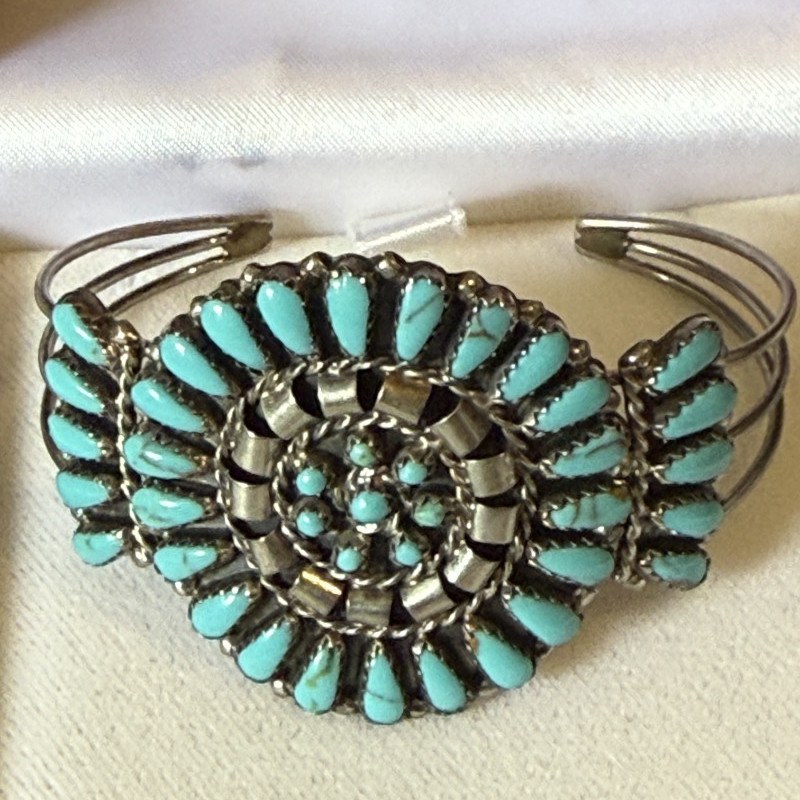 Bracelet amérindien en argent massif et véritable turquoise, Taille Unique