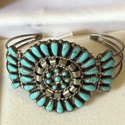 Bracelet amérindien en argent massif et véritable turquoise, Taille Unique