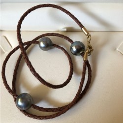 Bracelet Cuir 3 perles baroques de Tahiti 12-13 mm cerclées