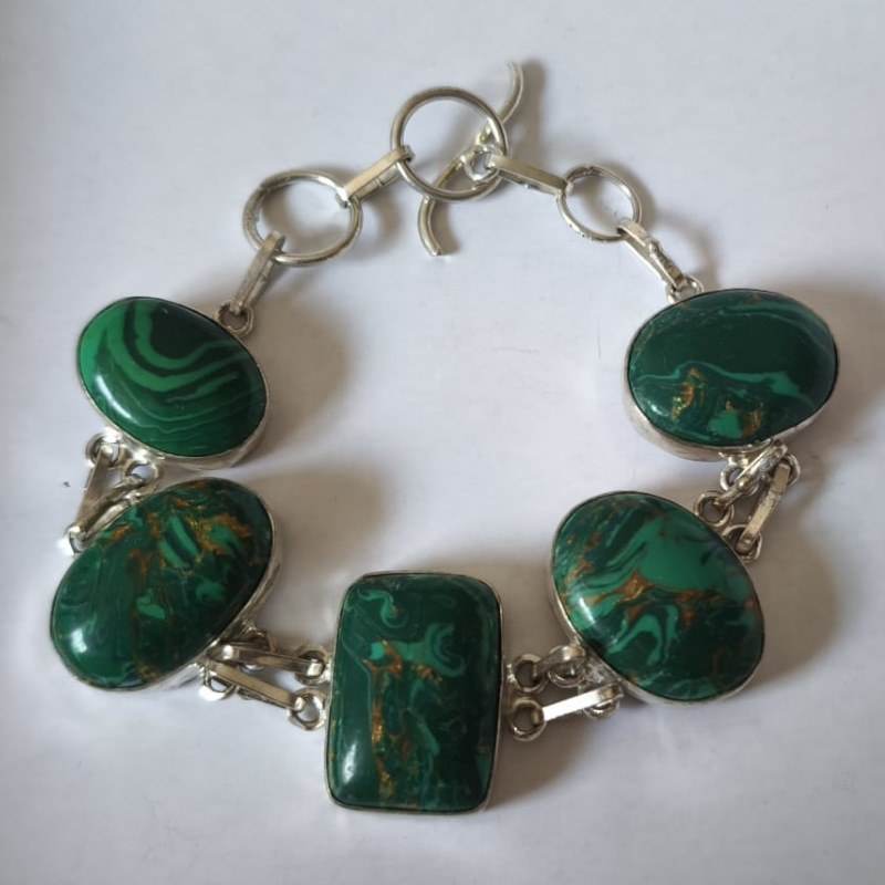 Bracelet Ancien en Malachite et Argent 925 de 18 ou 19 cm