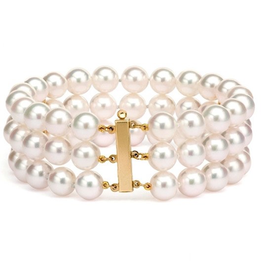 Bracelet de perles d'Akoya triple rang perles de 6-6,5 mm avec 2 barrettes