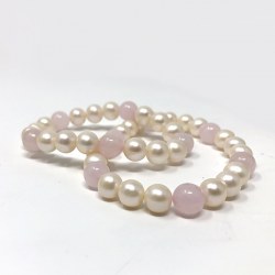 Bracelet 16 cm perles d'Eau Douce blanches et pierres Quartz Rose