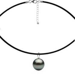 Collier en Caoutchouc Ø 1.3 mm, reglable de 42 cm, avec pendentif Mignon Argent 925 et Perle de Tahiti