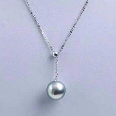 Collier Lariat 42+3 cm sur chaine or gris 14k avec Perle d'Akoya bleue 8-9 mm AAA