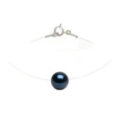 Collier Pendentif Invisible perle noire d'Akoya fermoir Argent 925