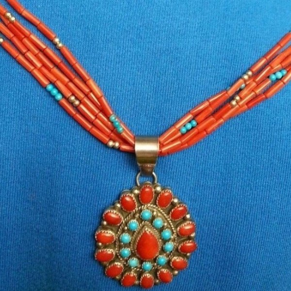 Collier en Corail et Turquoise Begay Navajo sur Argent 925 53 cm