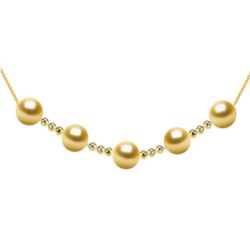 Collier 5 perles dorées des Philippines 9-10 mm AAA avec 12 billes de 4 mm en Or 18k