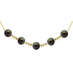 Collier 5 perles de culture de Tahiti 9-10 mm AAA avec 12 billes de 4 mm en Or 18k