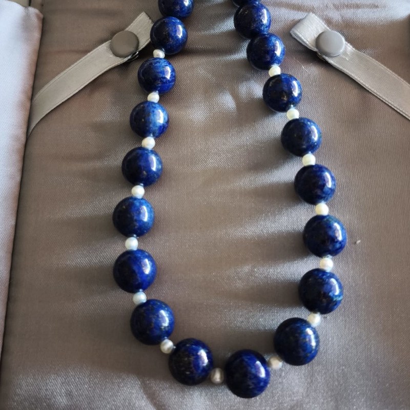 Collier 45 cm Lapislazuli Afghanistan de 12 mm avec perles de culture 3 mm