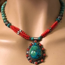 Collier en Corail et Turquoise Navajo sur Argent 925 44 cm