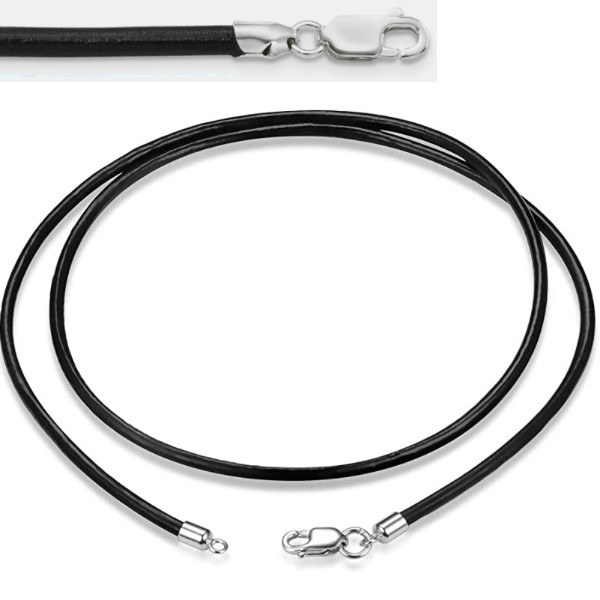 Cordon de cuir noir Ø 2 mm pour pendentif, 45 cm , fermoir Argent 925