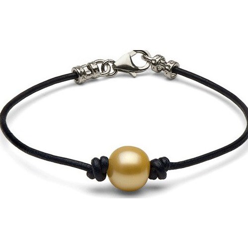 Bracelet en cuir avec perle dorée des Philippines entre 2 noeuds et fermoir en Argent