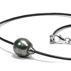 Collier/Bracelet Cuir & perle baroque de Tahiti 10-11 mm