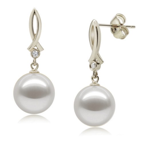 Boucles d'oreilles Or Gris 18k et diamants Perles d'Eau Douce blanches 9-10 mm AAA 